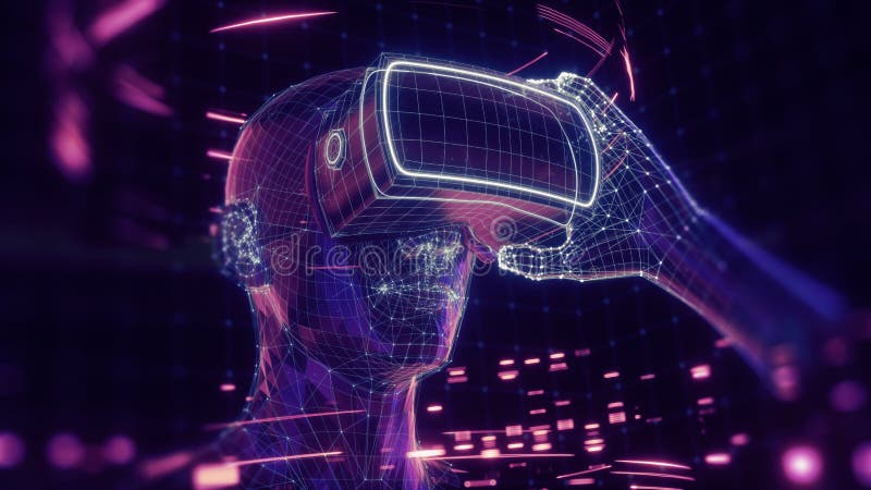3D render of virtual man holding virtual reality glasses surrounded by virtual data with neon ultraviolet lines. Player begins the VR game. VR experience. 3D render of virtual man holding virtual reality glasses surrounded by virtual data with neon ultraviolet lines. Player begins the VR game. VR experience